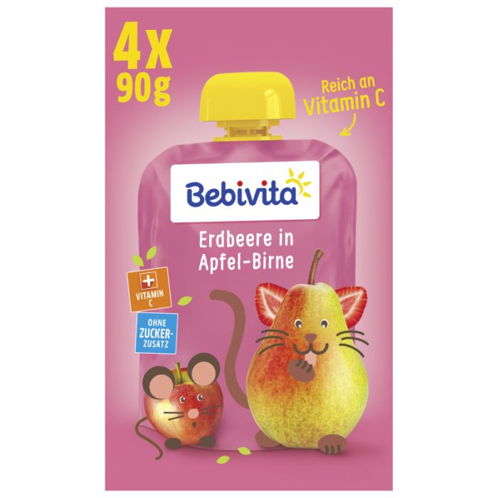 Bebivita Quetschbeutel Frucht Erdbeere in Apfel-Birne, 4 x 90g-4018852028505