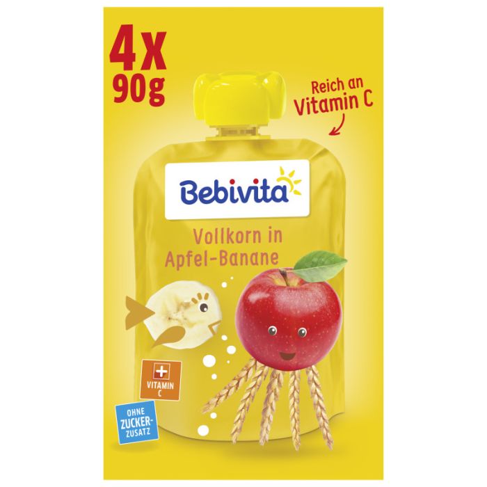 Bebivita Kinder-Spaß Frucht und Getreide: Vollkorn in Apfel-Banane, 4 x 90g -4018852017240