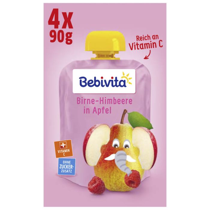 Bebivita Quetschbeutel Frucht Birne-Himbeere in Apfel, 4x90g -4018852024309