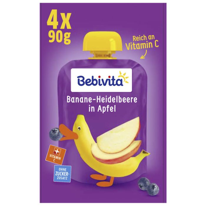 Bebivita Quetschbeutel Frucht Banane-Heidelbeere in Apfel, 4x90g -4018852017301
