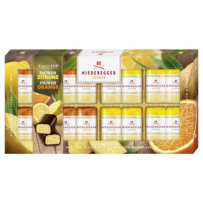 Niederegger Marzipan Klassiker Duo Ingwer-Orange und Ingwer-Zitrone in Zartbitter-Schokolade 200g-4000161110941