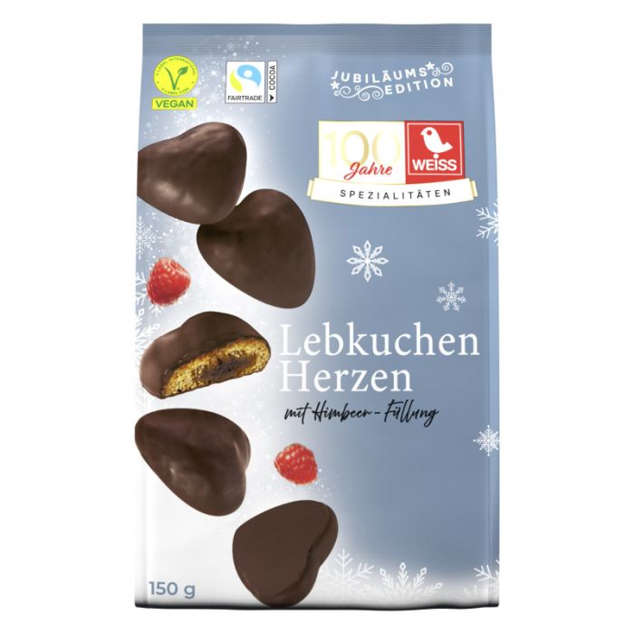 Weiss Gefüllte Lebkuchen-Herzen Zartbitter Himbeere 150g-4003160582504