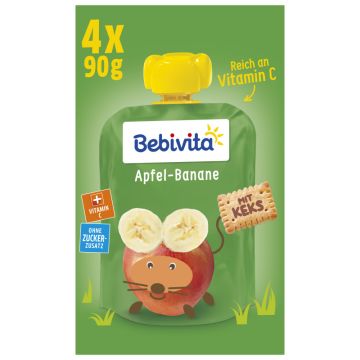 Bebivita Quetschbeutel Frucht und Keks, Apfel-Banane mit Keks, 4x90g -4018852028444