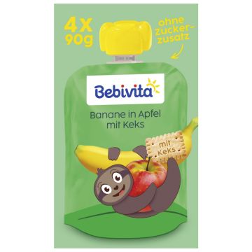 Bebivita Quetschbeutel Frucht und Keks Banane in Apfel mit Keks, 4x90g -4018852034674