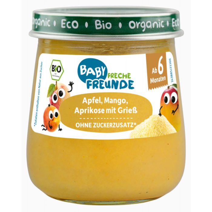 Freche Freunde Bio Gläschen Apfel, Mango, Aprikose mit Grieß 120g-4260618527610