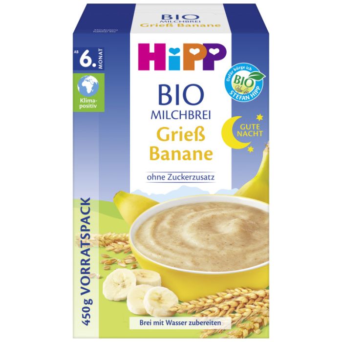 HiPP Gute-Nacht-Brei Grieß Banane, Vorratspackung (2x225g) 450g-4062300392335